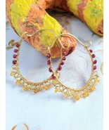 Ruby and Orange Garnet Beads Hoops, 22k Gold Micron Plated Handmade Earr... - $153.21 CAD
