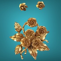 Beautful Vintage Gold Tone Set Rose Stud Earrings And Brooch Excellent C... - £27.36 GBP