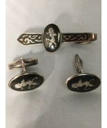 Siam Sterling Silver &amp; Black Enamel Cufflinks &amp; Tie Tack Clip - £23.35 GBP