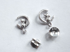 Kitty Cat Stargazing on a Crescent Moon 925 Sterling Silver Stud Earrings - £4.26 GBP