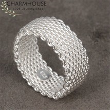 Pure 925 Silver Rings For Women 8mm Mesh Finger Ring Size 6/7/8/9# Wedding Band  - £8.56 GBP