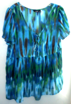 ANA Women&#39;s L Large Blue Green Multicolored Dressy Top Blouse Short Sleeves - $5.85