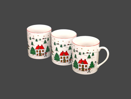 Three Fine China of Japan Christmas Pleasure JAP97 porcelain mugs red trim. - $55.25