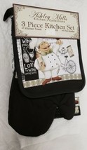 3 Pc Kitchen Set: 1 Pot Holder 1 Oven Mitt &amp; 1 Towel Fat Chef With Wine Home - £20.54 GBP
