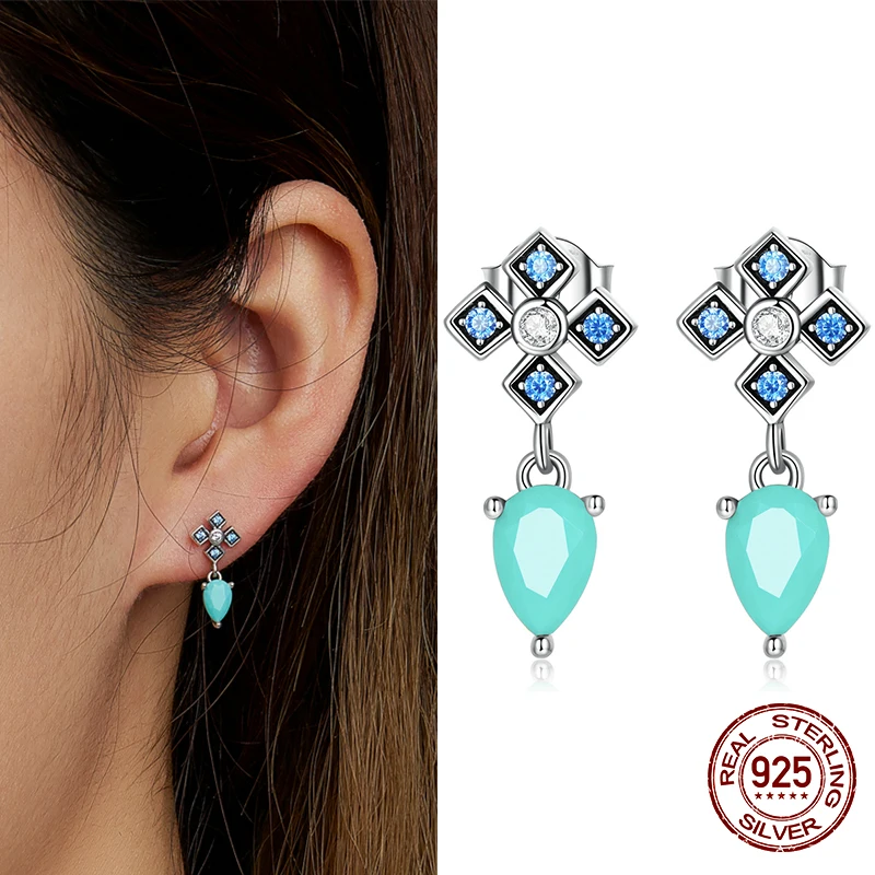 Genuine 925 Sterling Silver Fashion Cross Turquoise Earrings Fine Purple CZ Ear  - £19.19 GBP