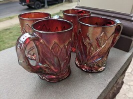 4 Imperial Red Iridescent Carnival Glass ACANTHUS LEAF Tankard Mugs Cups - £120.27 GBP