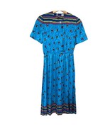  Vintage 80s Y2K Turquoise Pleated Shirt Dress 12 Blue Printed Short Sleeve - £40.20 GBP