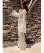White Casual Wide Sleeved V Neck Floor Length Croched Maxi Cover Up Loun... - $96.00 CAD