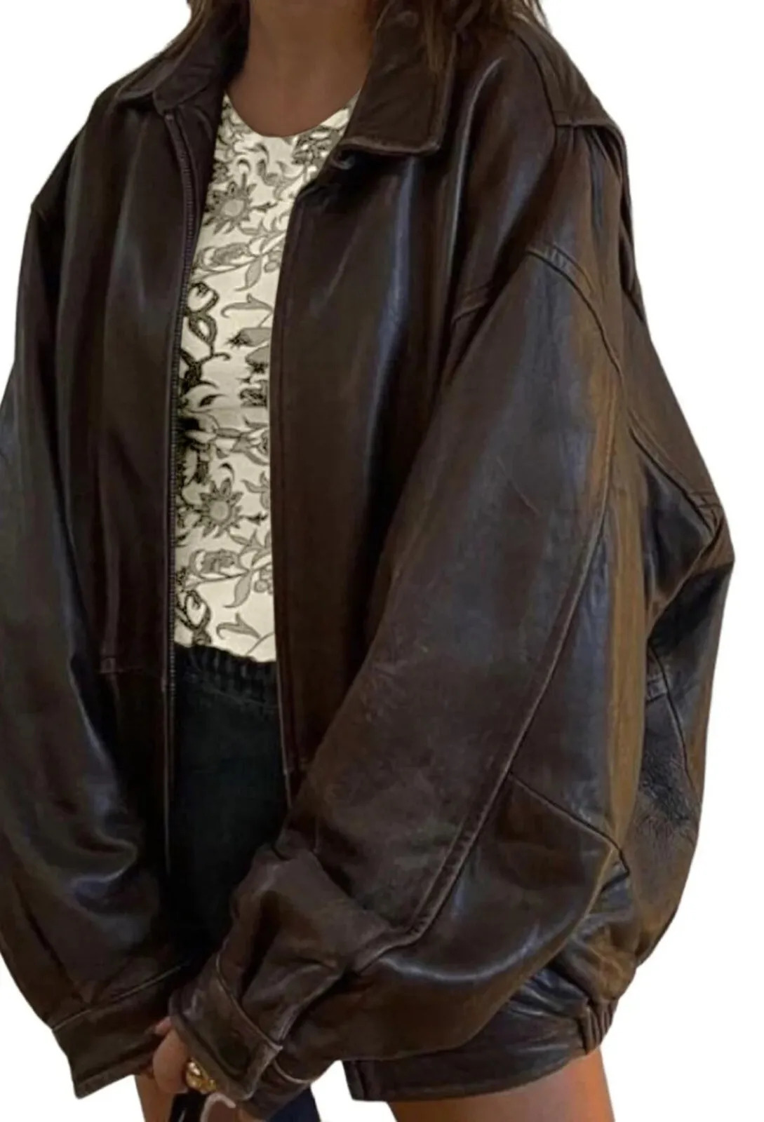 Women's Vintage 90s Oversized Lose Fit Baggy Style Brown Bomber leather Jacket