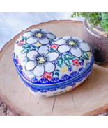 Vintage Bunzlau Ceramic Pottery Heart Trinket Box Handmade Poland Floral... - $455.73 MXN