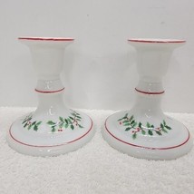 Set of 2 White Porcelain Holly and Berries Christmas Candlestick Holders - $19.30