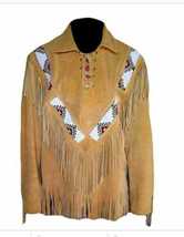 Men&#39;s Western Brown Suede Leather Fringe Beaded Mountain Man Pullover Sh... - £109.31 GBP+