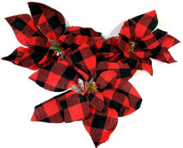 Red Plaid Cloth Poinsettia Ribbon Clip On Bows 10.5&quot; Across Set of 3 - £8.84 GBP
