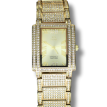 Men&#39;s Rectangle Face Iced up Bezel 34mm CZ Gold Plated Metal Band Quartz... - £23.19 GBP