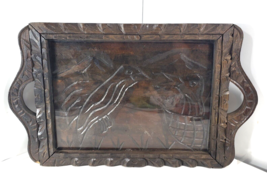 VTG Serving Tray Hand Carved Wood Handles Glass Top 22&quot;x13.25&quot; Birds MCM... - £39.32 GBP