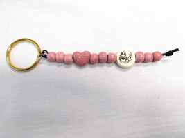Ceramic Bead Kitty Cat Disc &amp; Pink Mauve Heart Shape &amp; Round Beads Key Ring Pets - £6.36 GBP