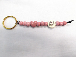 CERAMIC BEAD KITTY CAT DISC &amp; PINK MAUVE HEART SHAPE &amp; ROUND BEADS KEY R... - £6.29 GBP