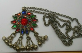 Vintage Red, Green &amp; Blue Glass Stone Dangle Bells Starburst Pendant Necklace - £35.03 GBP