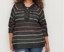 Torrid 2 Chunky Pullover Hooded Raglan Sweater Womens 2X Lace Up Rainbow Stripe - £28.44 GBP