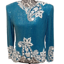 Suzarila Silk Sequin Top Womens Medium Long Sleeve Bling Faux Pearls Lined Blue - $23.33