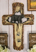 Rustic Western Black Bear With Paw Prints Faux Wood Wall Cross Decor Plaque - £27.13 GBP