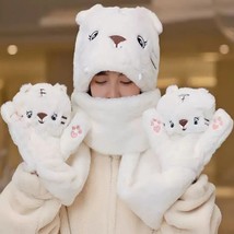 Fluffy Animal Themed Plush Handwarmer Scarf Hat Combo | Fleece Mittens -... - £39.26 GBP