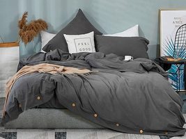 Dark Grey Washed Cotton Duvet Cover Set 3 Pieces Coconut Button Closure Solid Co - £53.84 GBP+
