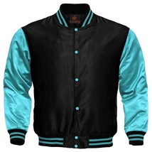 Baseball letterman college uni bomber sports jacket black turquoise satin-sh... - £53.47 GBP