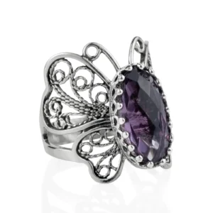 Filigree Art Amethyst Gemstone Butterfly Design Women Silver Cocktail Ring - 5 , - £40.26 GBP