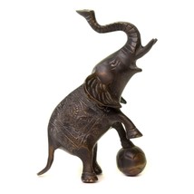 Vintage Solid Brass Ornate Circus Elephant Trunk Up With Ball Figurine 6 3/4&quot; h. - £15.80 GBP