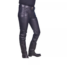 Men&#39;s Black Genuine Real Lambskin Leather Casual Jeans Handmade Motor Bi... - £103.57 GBP+