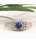 18k White Gold .28ct Blue Genuine Natural Sapphire Engraved Art Deco Rin... - $741.51