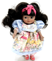 Marie Osmond Mother's Day Black Doll 5" Blue Pink Pinafore Dress w Stand - $9.40