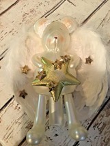 Cherry Designs 12”  Glass bear angel Christmas tree topper W/ feather wings New - £13.47 GBP