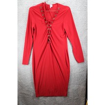 Eien Womens Sheath Dress Red Midi V Neck Long Sleeve Lace Up USA XL - £9.17 GBP