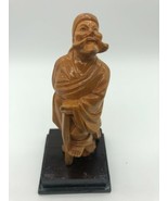 Vintage Asian Carved Figurine Statue Man Walking Stick Wood Base 4&quot; - $24.00