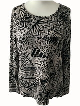 Chicos ladies black gray geometric print long sleeve spandex tunic top L... - $28.87
