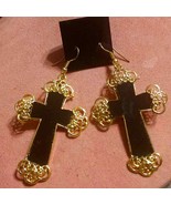 Beautifully decorated black &amp; gold cross earrings - £13.24 GBP
