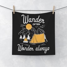 Custom Face Towel, Wander Often Wonder Always, Tent Mountains Line Drawi... - $15.45