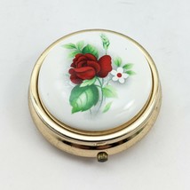 Vintage Red Rose Round Pill Box Gold Tone Hinge Trinket Box Plastic Insert-Japan - £15.14 GBP