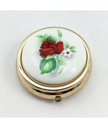 Vintage Red Rose Round Pill Box Gold Tone Hinge Trinket Box Plastic Inse... - $25.97 CAD