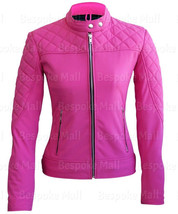 New Woman&#39;s Handmade Baby Pink Quilted Real Cowhide Fashion Leather Jack... - $167.39+