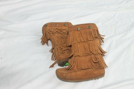 Minnetonka 3 Layer Suede Fringe Moccasin Boot Toddler Size 8 Brown Mid Calf - £23.74 GBP