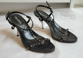 PRADA Black Patent Leather Strappy Sandals with Rivet Detail – Size 35 - £67.70 GBP
