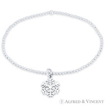 Snowflake Ice Crystal Charm &amp; Ball Bead Stretch Bracelet in .925 Sterling Silver - £22.65 GBP