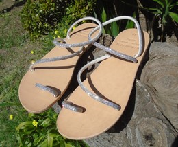 Women&#39;s Handmade Greek Leather Sparkly Slingback Sandals - £45.81 GBP