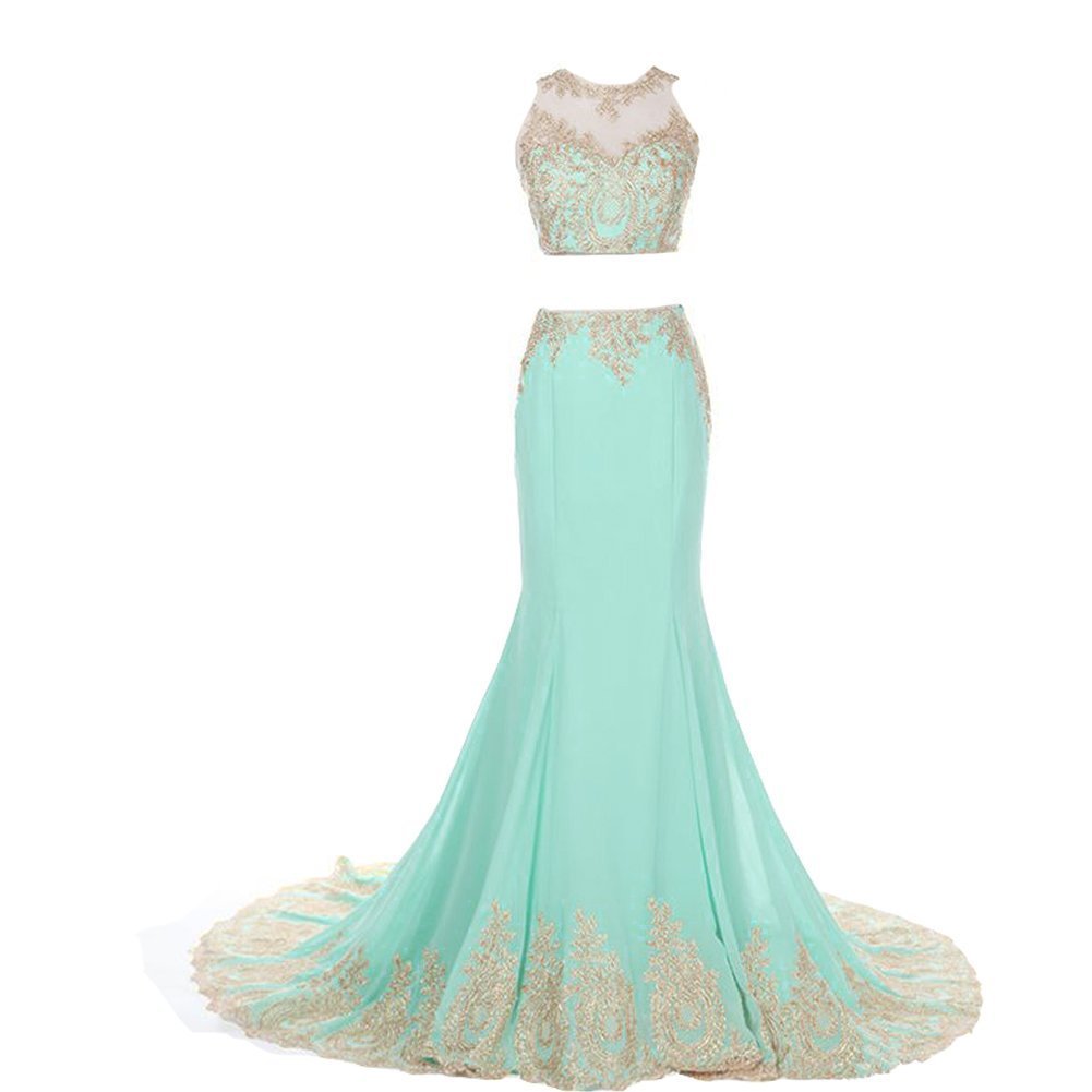 Kivary 2 Pieces Mermaid Gold Lace Sheer Crew Neck Formal Long Prom Evening Dress