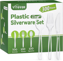 Clear Plastic Silverware 300 Count, 100 Plastic Forks, 100 Plastic Spoons, 100 P - £19.97 GBP