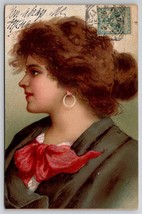 Glamour Girl Beautiful Woman Red Pretty Face Red Bow Side Profile Postcard D21 - £11.73 GBP