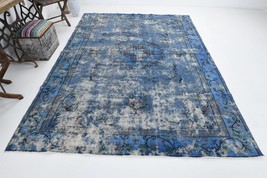 7x10 Blue Turkish Vintage Carpet Rug, Handmade Blue Wool Rug, Oversized Rug, Lar - £800.42 GBP